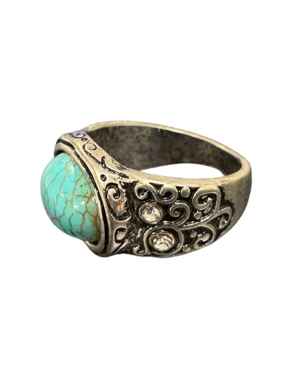 Turquoise Stone Silver-Tone Filigree Ring